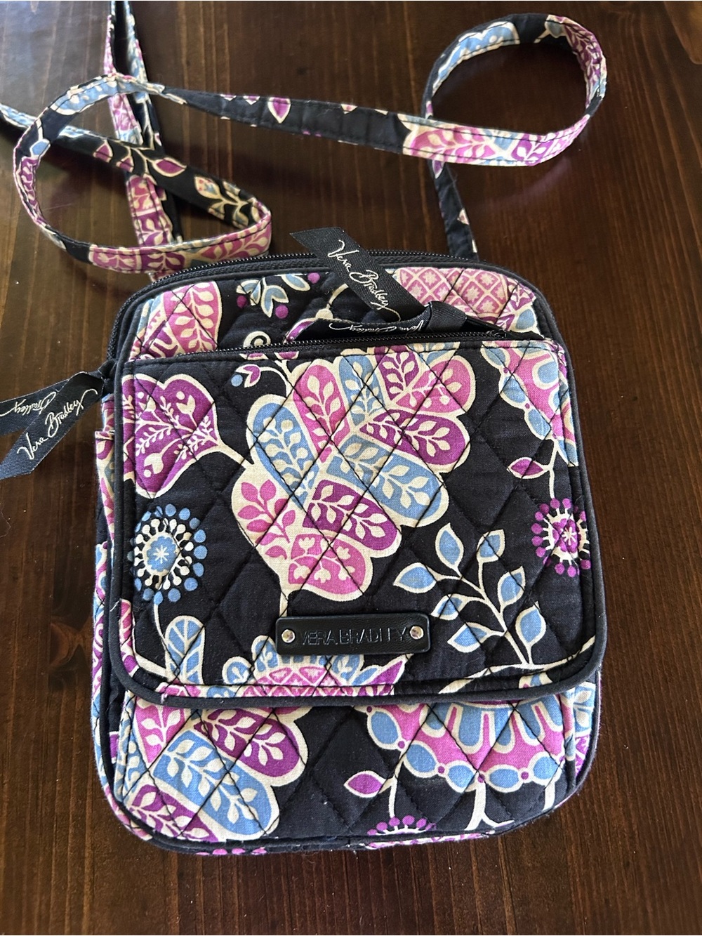 Vera Bradley Quilted Crossbody Bag - Black with Pink & Blue Alpine Floral